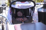 Snoozing in the stroller at one of mom and dad's favorite restaurants in Rhode ISland